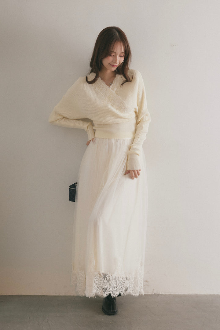 [SET]バックリボンレースカシュクールニット+レースヘムチュールロングスカート(2set)
