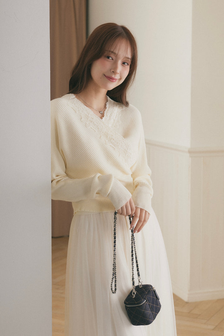 [SET]バックリボンレースカシュクールニット+レースヘムチュールロングスカート(2set)