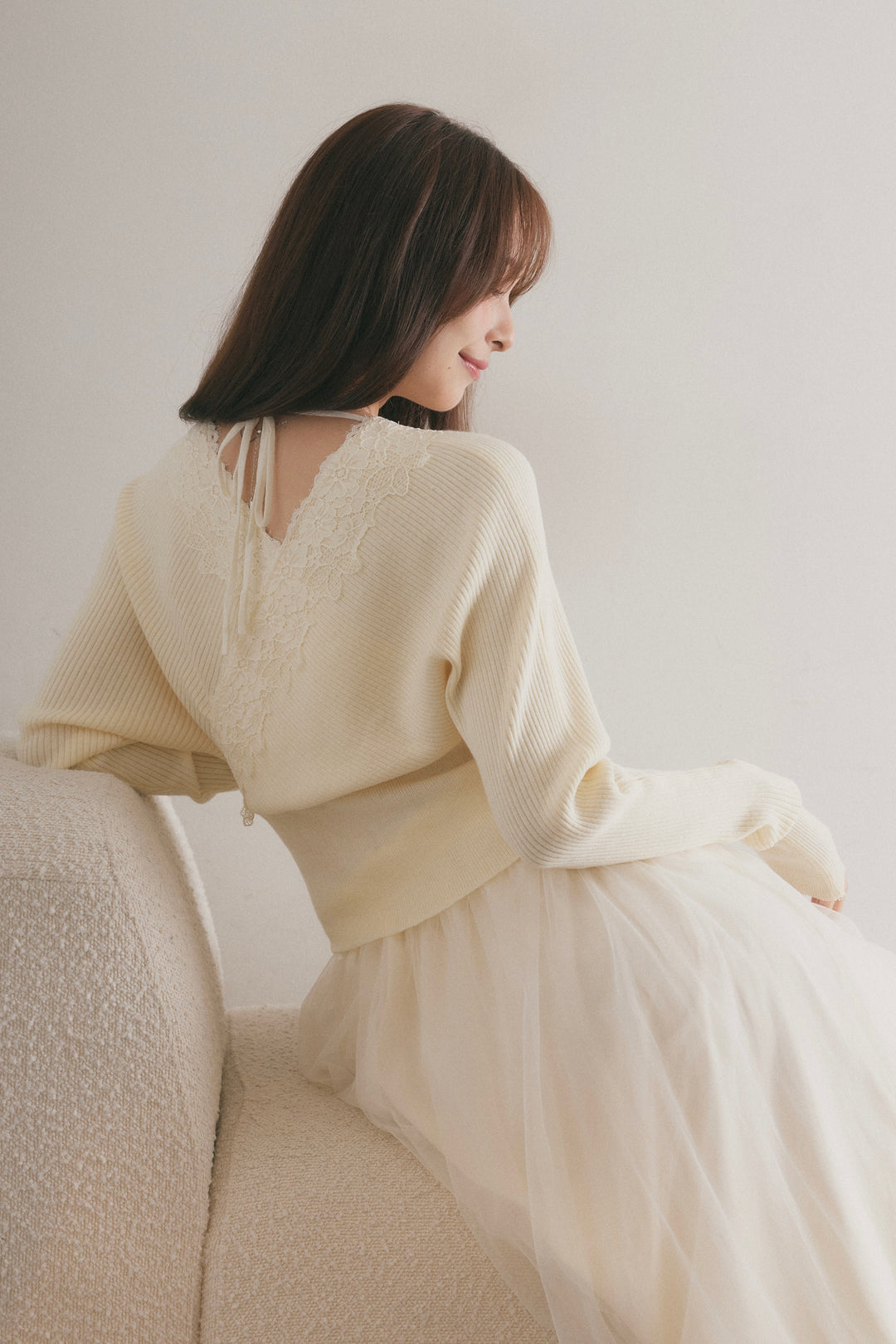 [SET]バックリボンレースカシュクールニット+レースヘムチュールロングスカート(2set)