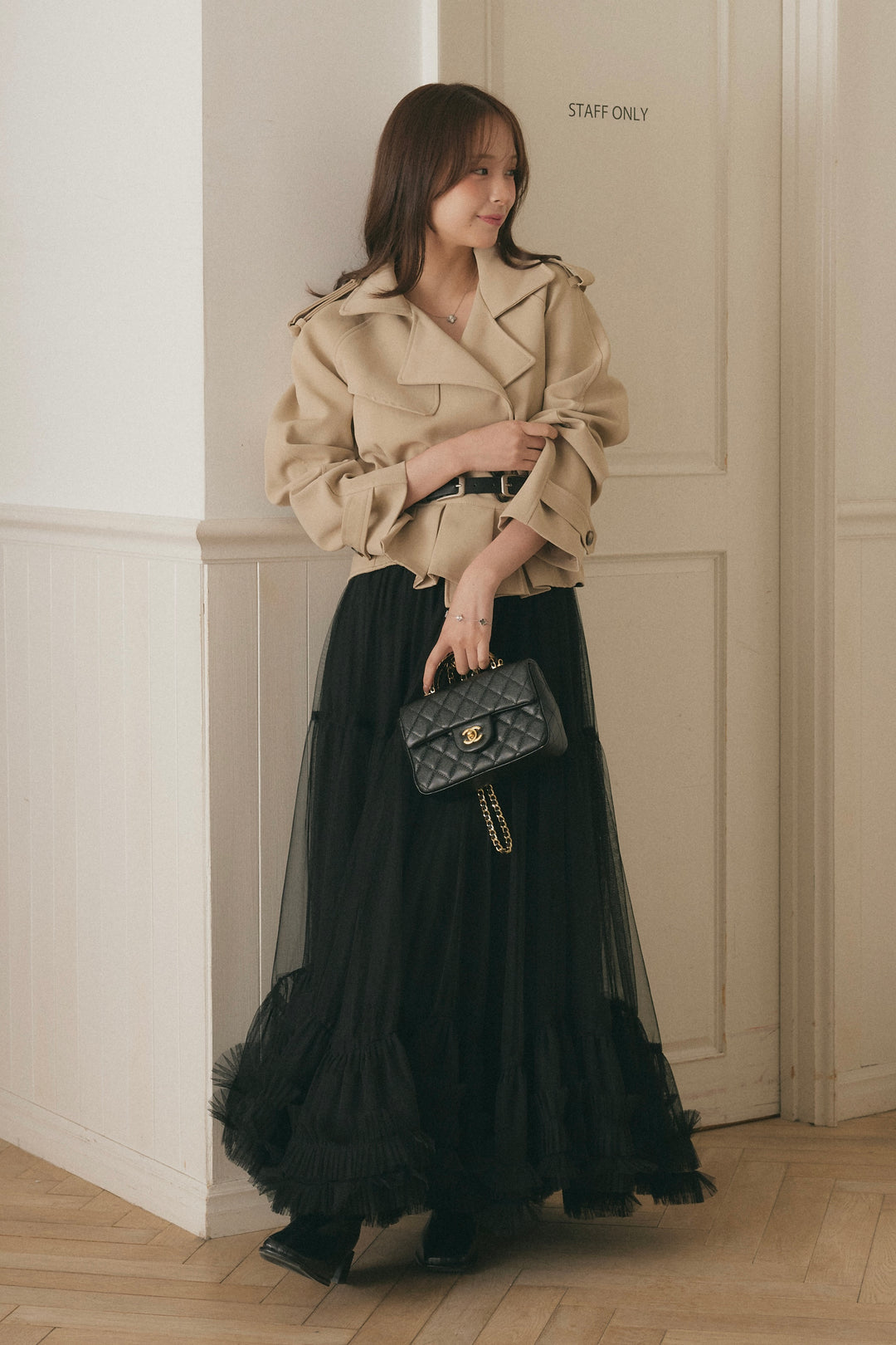 [SET]ペプラムショートトレンチジャケット(ベルト付き)+ティアードフリルチュールボリュームスカート(2set)