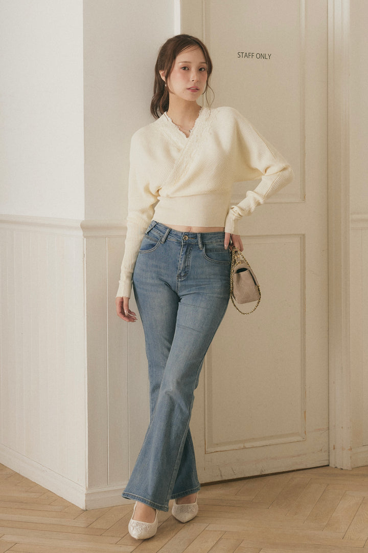[SET]バックリボンレースカシュクールニット+美脚ストレッチデニム（ベルト付き）(2set)