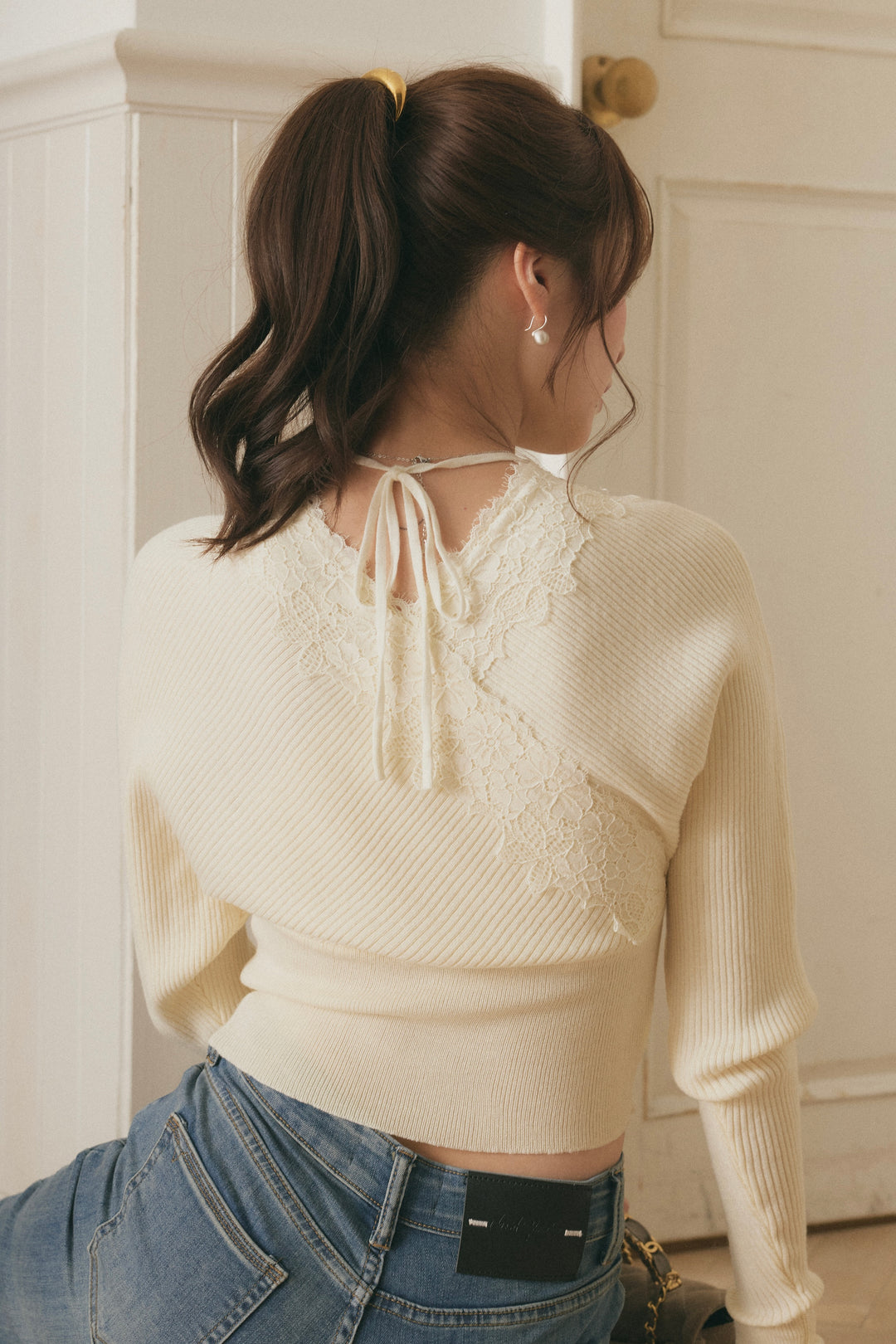 [SET]バックリボンレースカシュクールニット+美脚ストレッチデニム（ベルト付き）(2set)