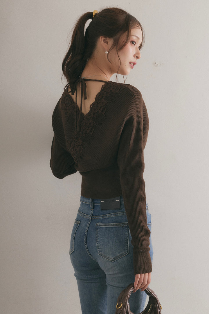 [SET]バックリボンレースカシュクールニット+美脚ストレッチデニム（ベルト付き）(2set)