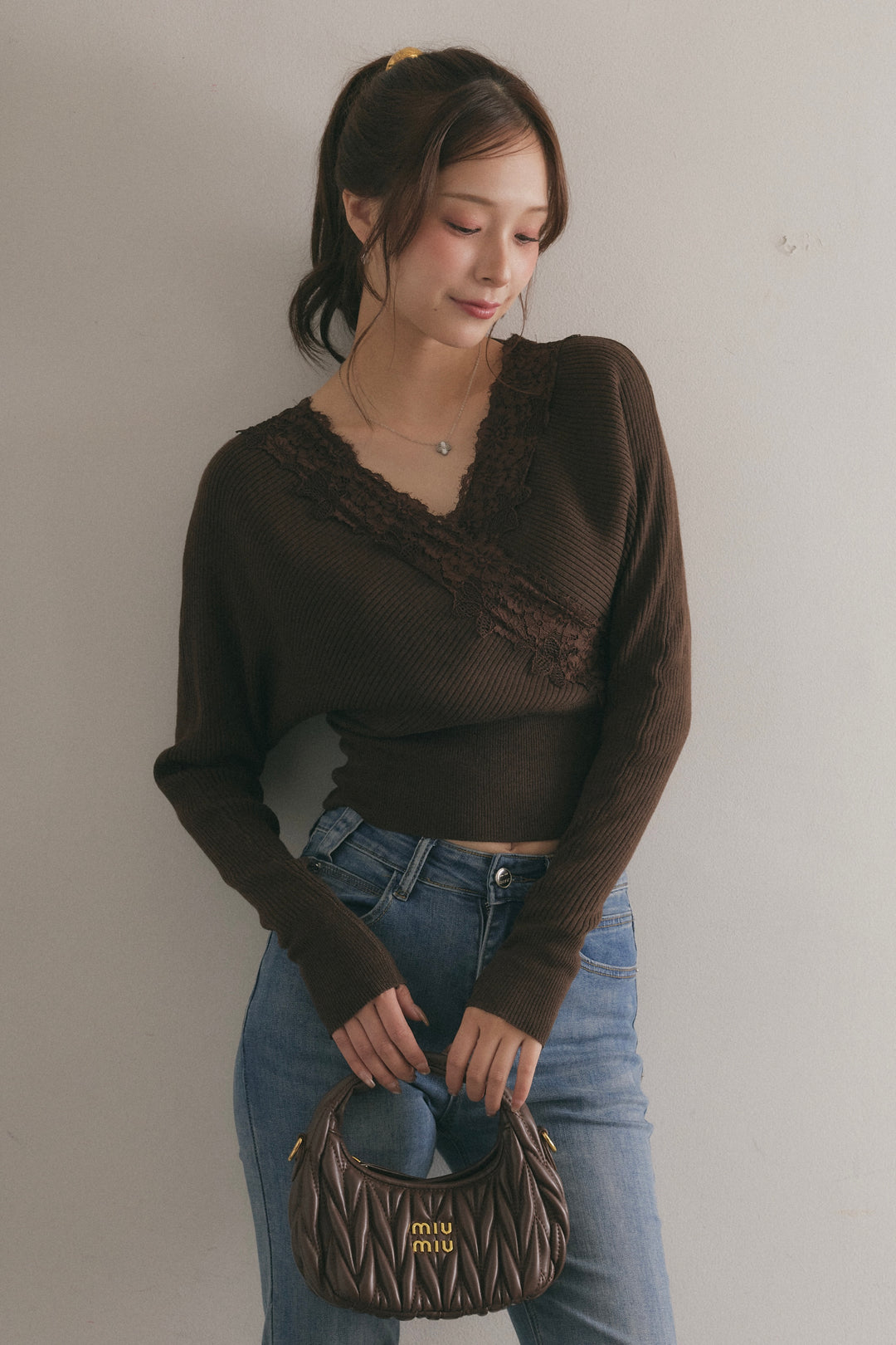 [SET]バックリボンレースカシュクールニット+美脚ストレッチデニム（ベルト付き）(2set)