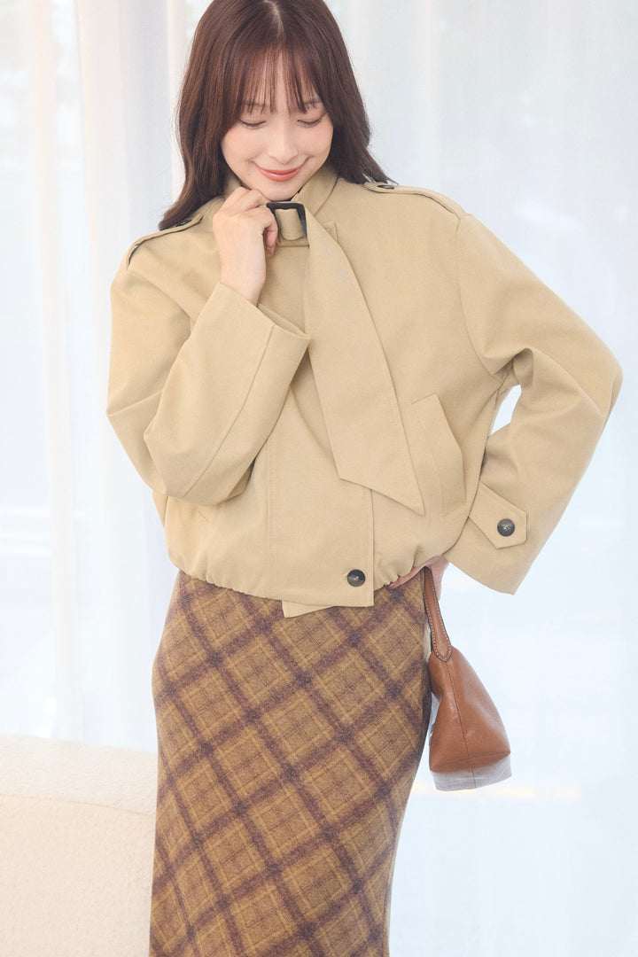 [SET]バックルスタンドカラーブルゾン+バックリボンチェックトップス+チェックマーメイドロングスカート(3set)