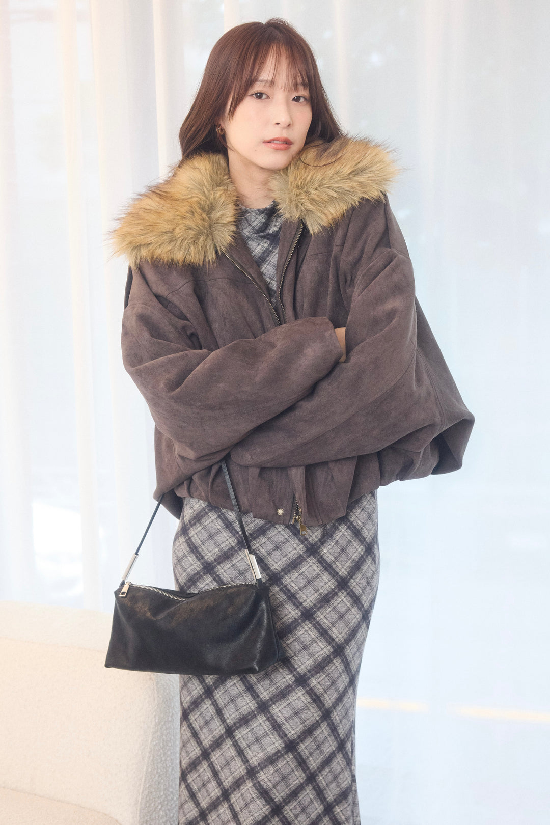 ファーカラーボリュームスエードブルゾン