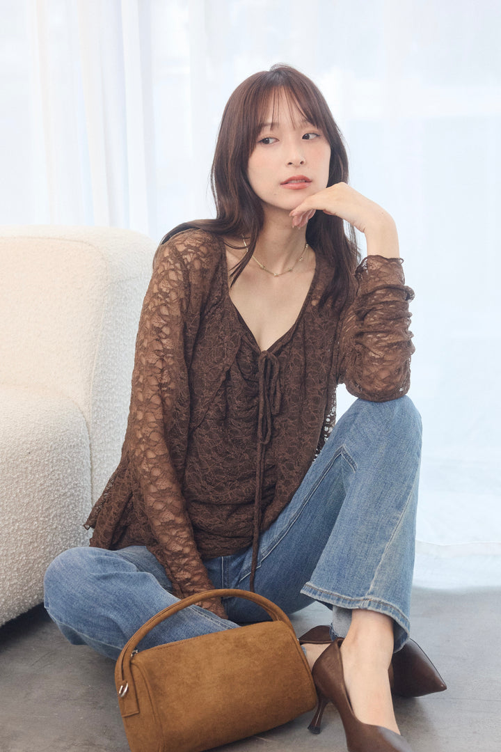 [SET]シアーレースカーデ&ギャザーキャミセット+美脚ストレッチデニム（ベルト付き）(2set)