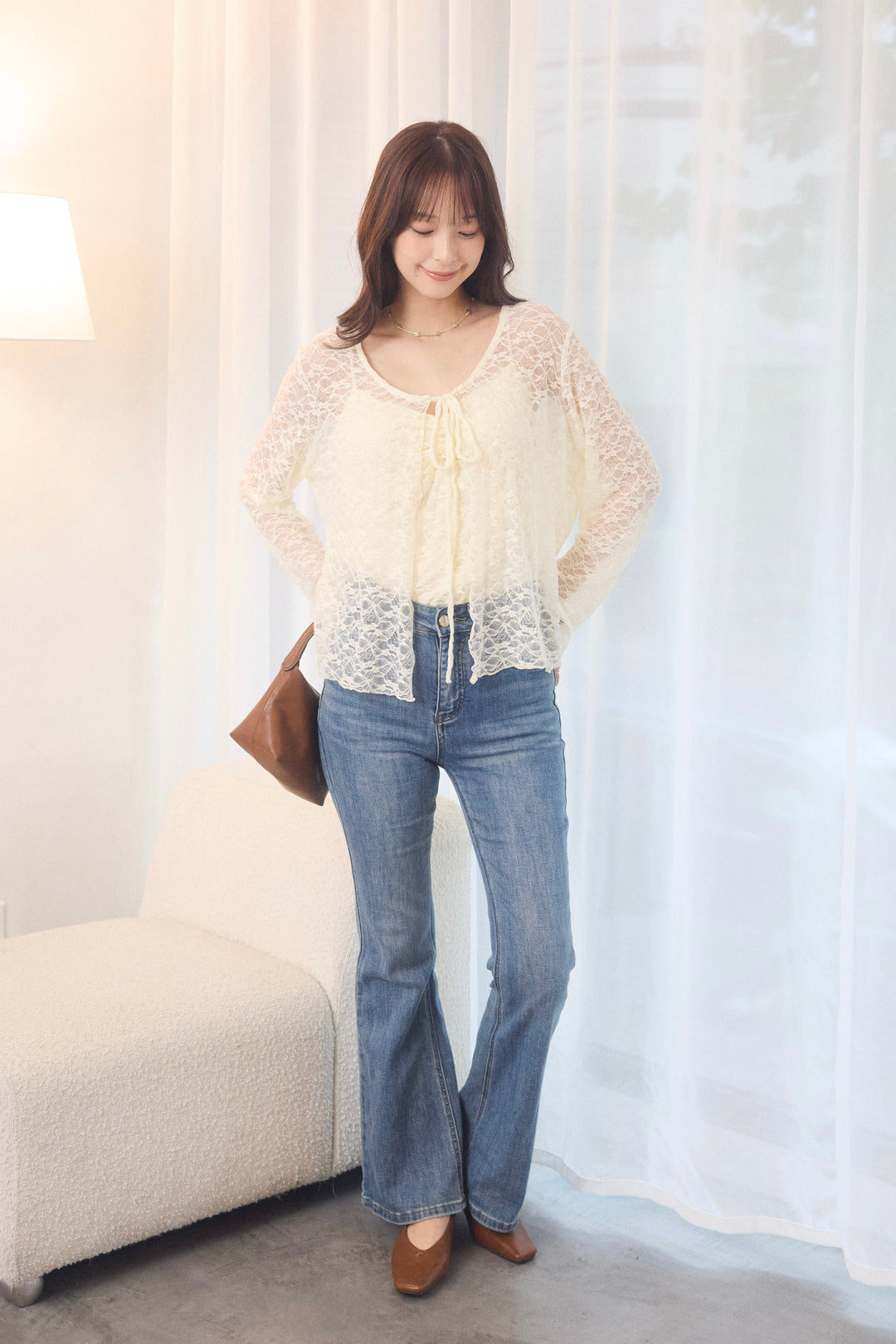 [SET]シアーレースカーデ&ギャザーキャミセット+美脚ストレッチデニム（ベルト付き）(2set)