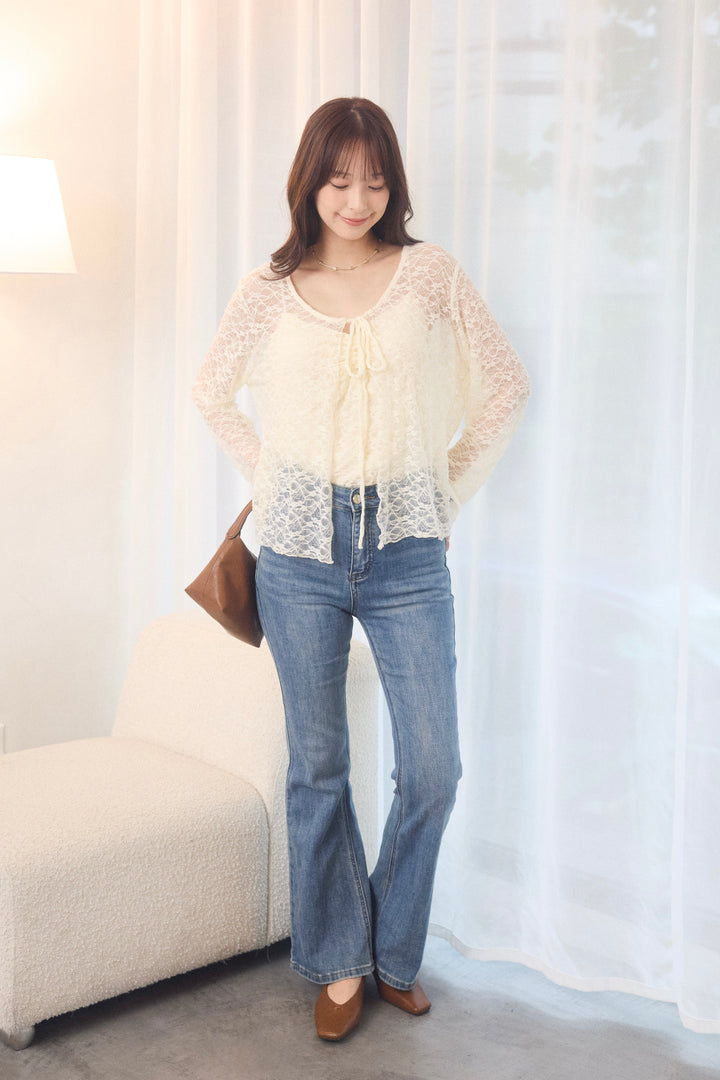[SET]シアーレースカーデ&ギャザーキャミセット+美脚ストレッチデニム（ベルト付き）(2set)