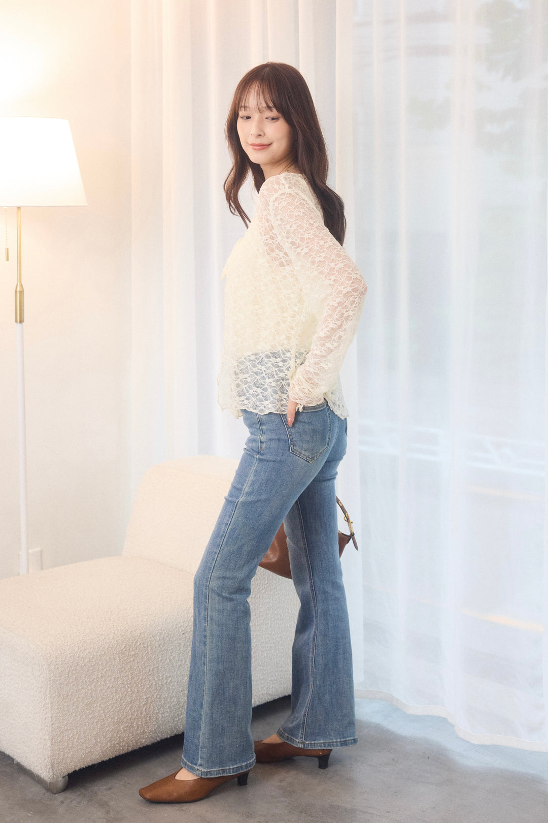 [SET]シアーレースカーデ&ギャザーキャミセット+美脚ストレッチデニム（ベルト付き）(2set)