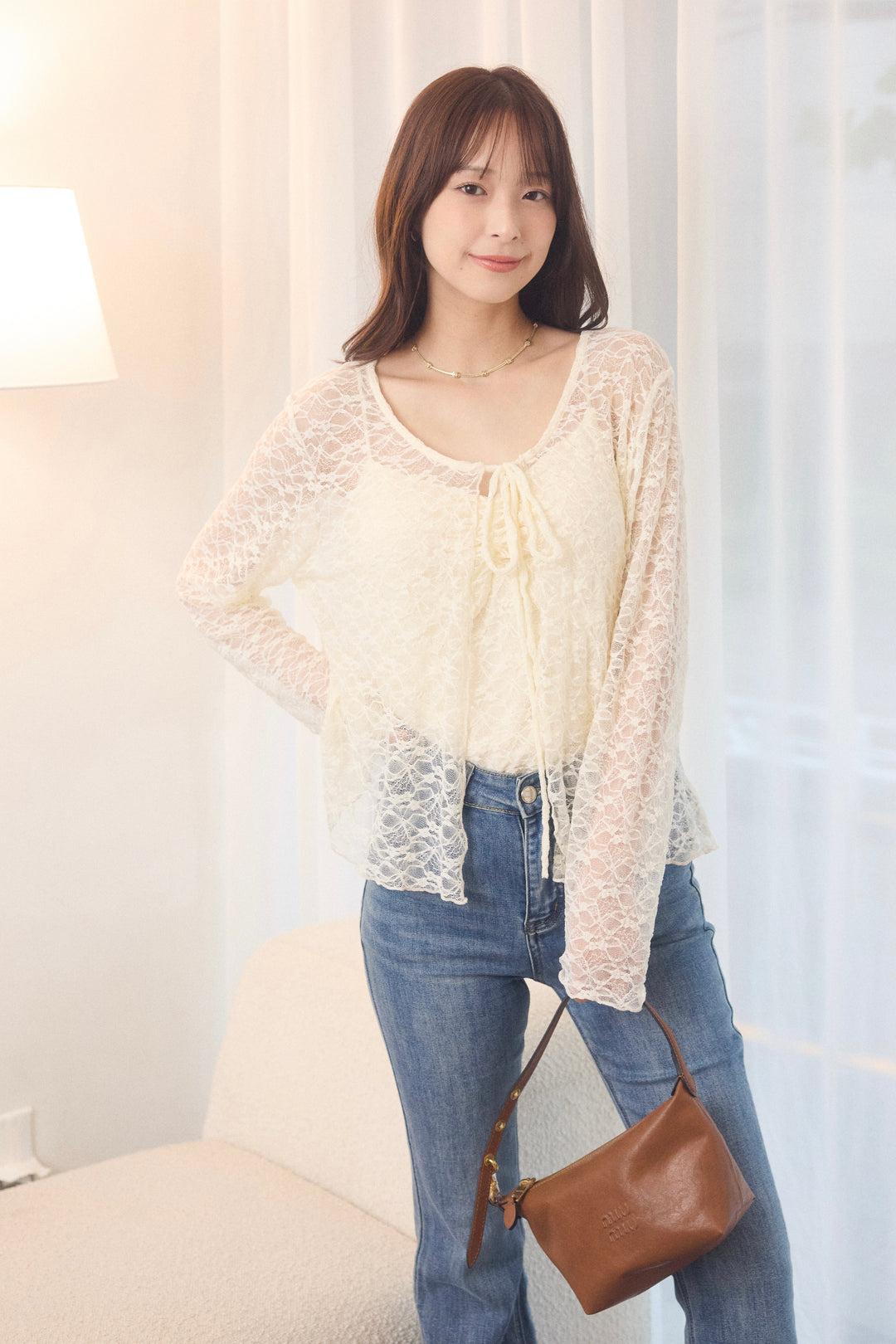 [SET]シアーレースカーデ&ギャザーキャミセット+美脚ストレッチデニム（ベルト付き）(2set)