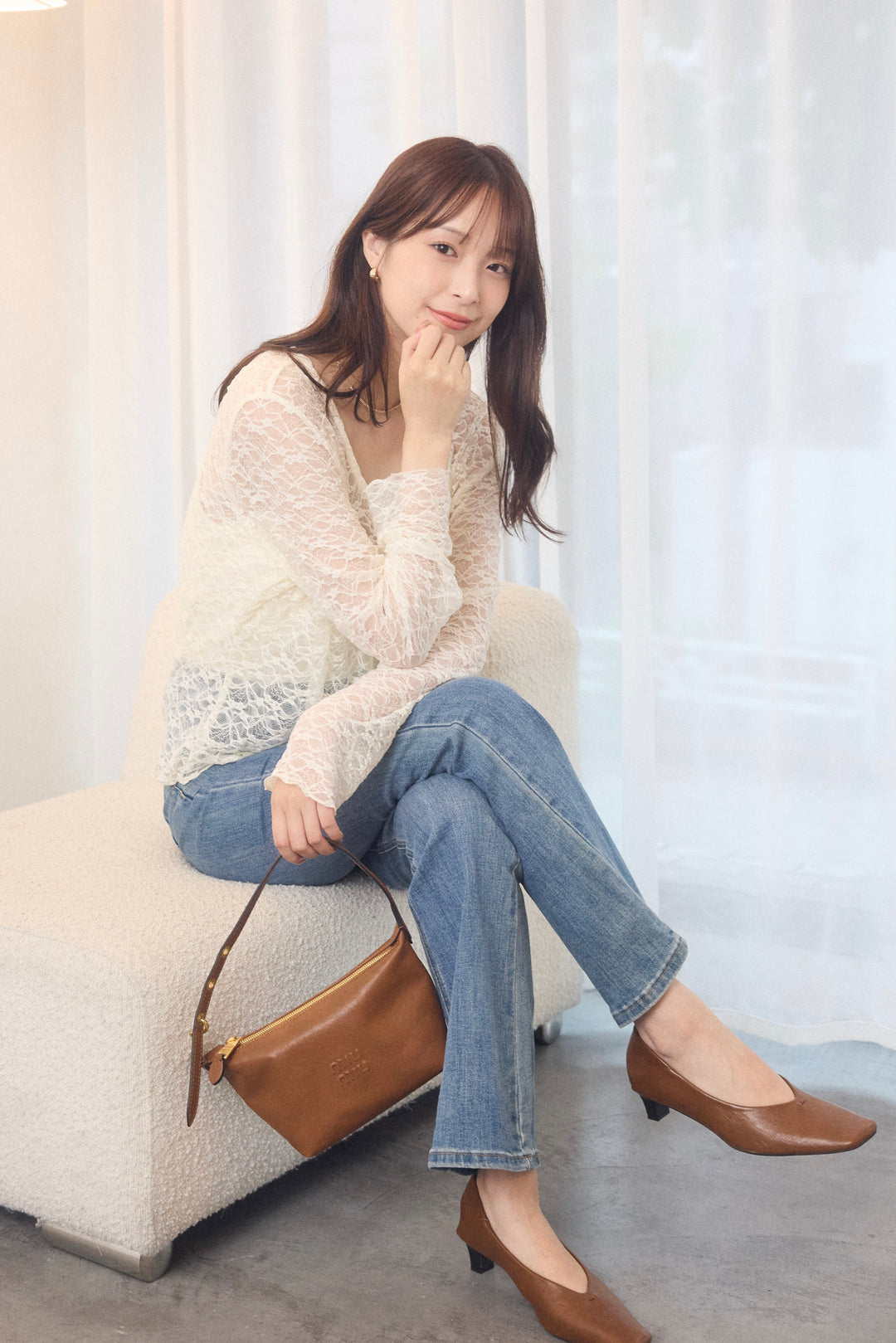 [SET]シアーレースカーデ&ギャザーキャミセット+美脚ストレッチデニム（ベルト付き）(2set)