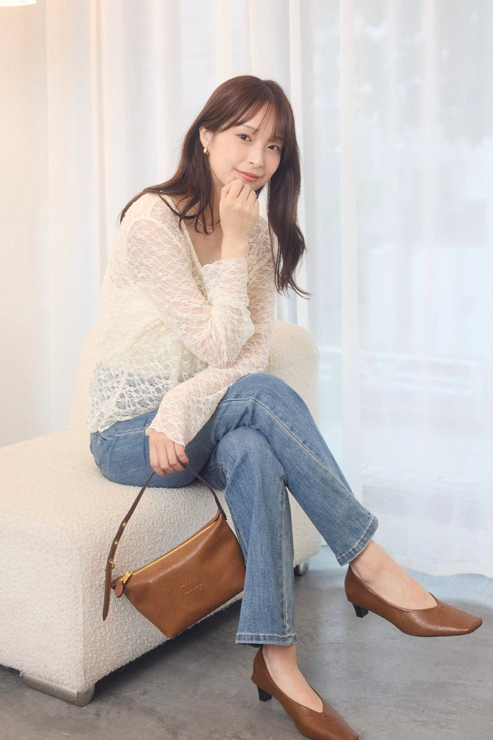 [SET]シアーレースカーデ&ギャザーキャミセット+美脚ストレッチデニム（ベルト付き）(2set)