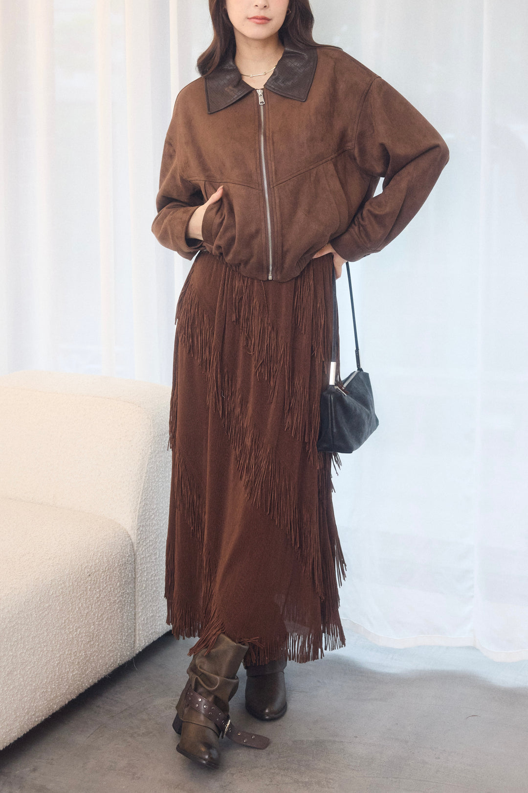 編み込みレザーカラースエードブルゾン