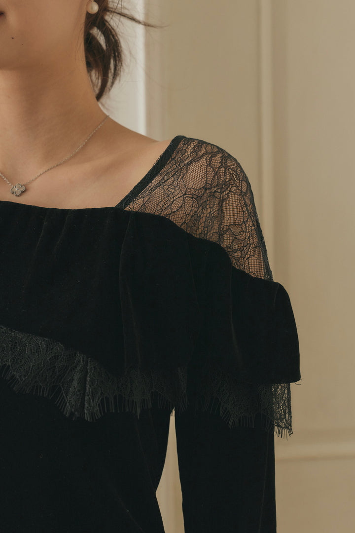 アシメフリルレースコンビベロアトップス