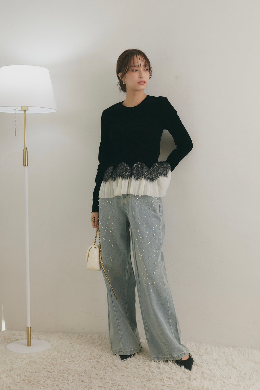 [SET]スカラップレースペプラムベロアトップス+パールビジューバレルデニムパンツ(2set)