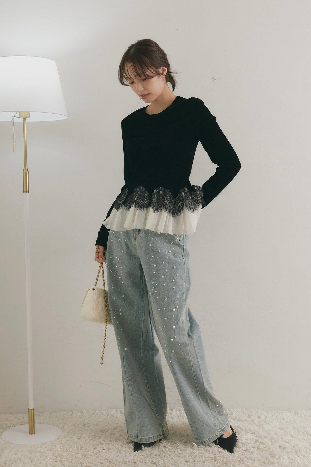 [SET]スカラップレースペプラムベロアトップス+パールビジューバレルデニムパンツ(2set)