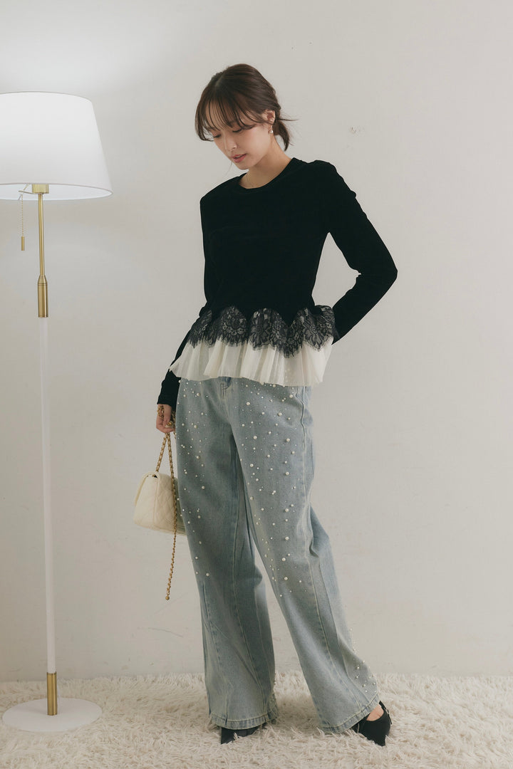 [SET]スカラップレースペプラムベロアトップス+パールビジューバレルデニムパンツ(2set)