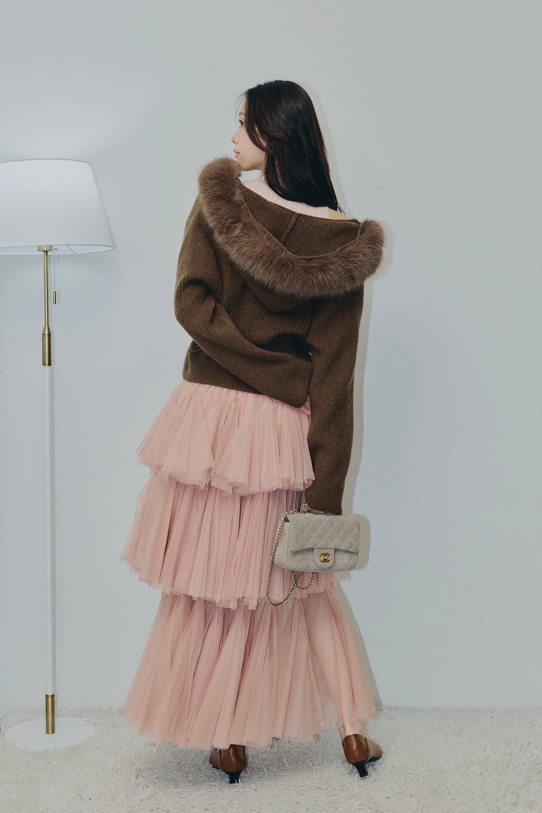 ファー付きフードジップニットカーデ