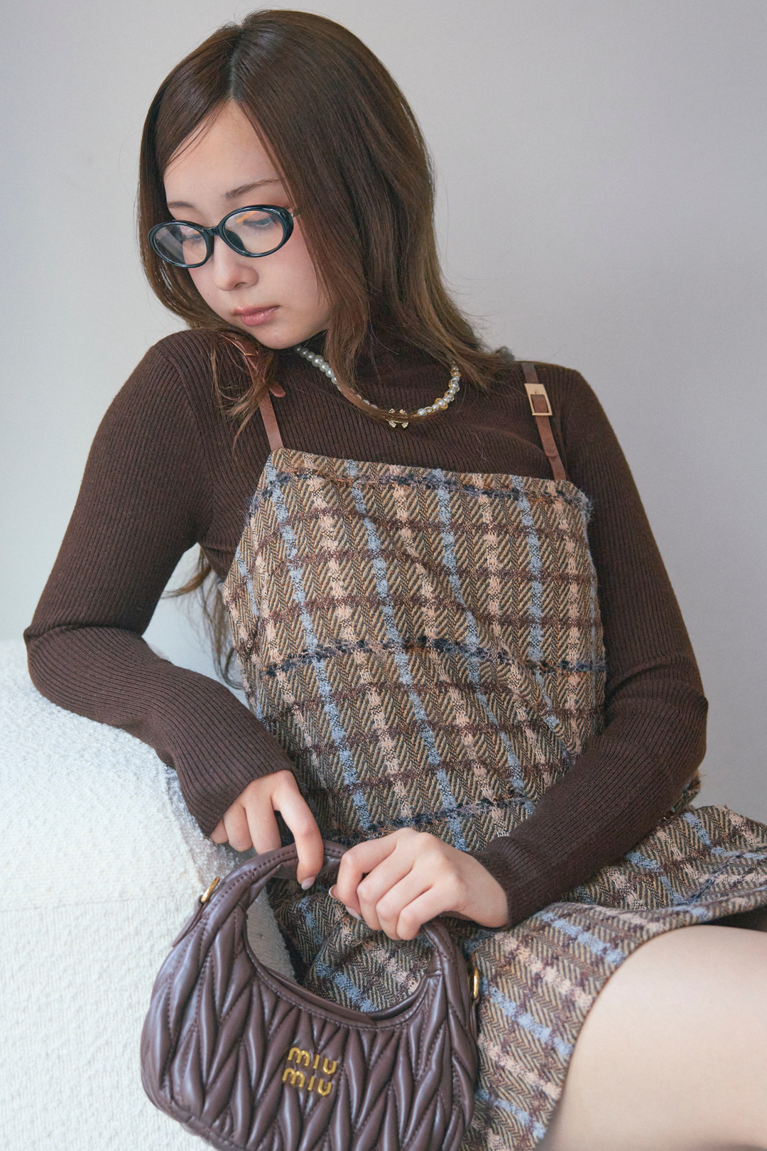 ニット付きツイードレザーベルトショルダーワンピースセット