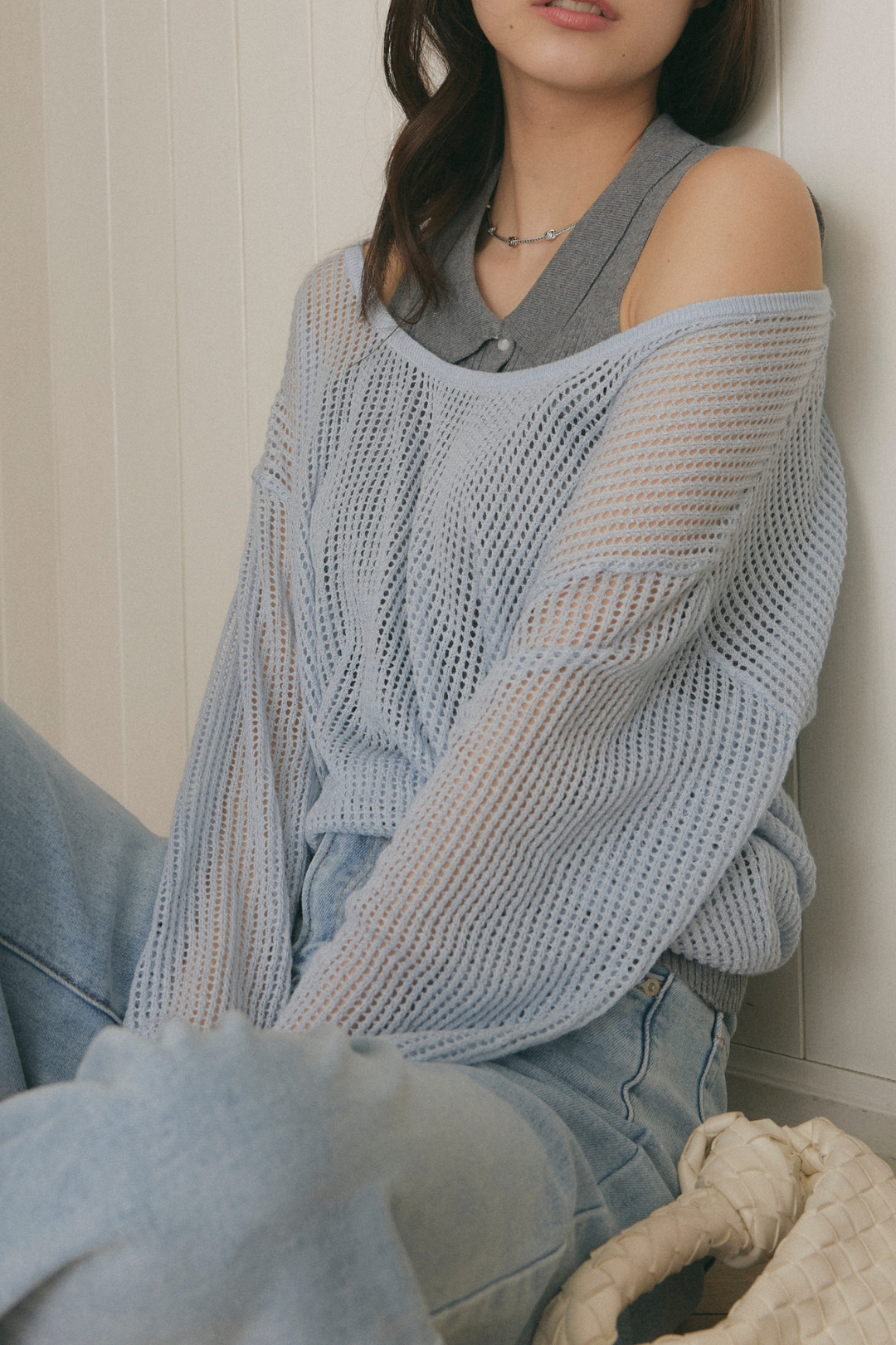 メッシュニット＆ポロ襟トップスセット
