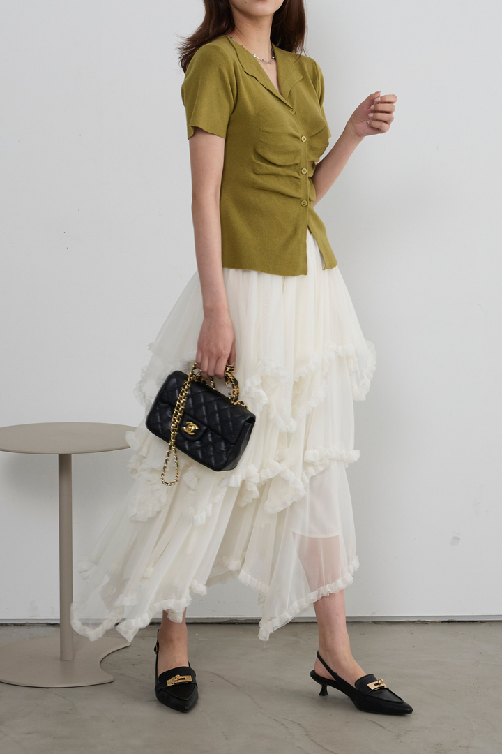 フロントシャーリング半袖ニット