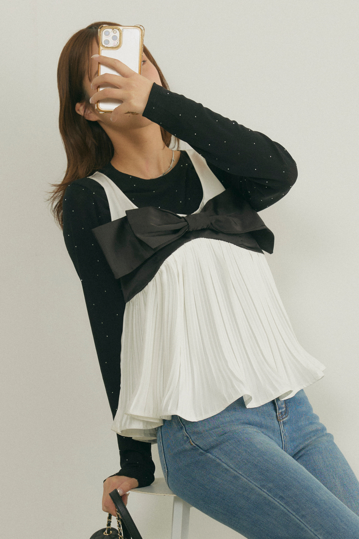 バイカラーリボンプリーツトップス