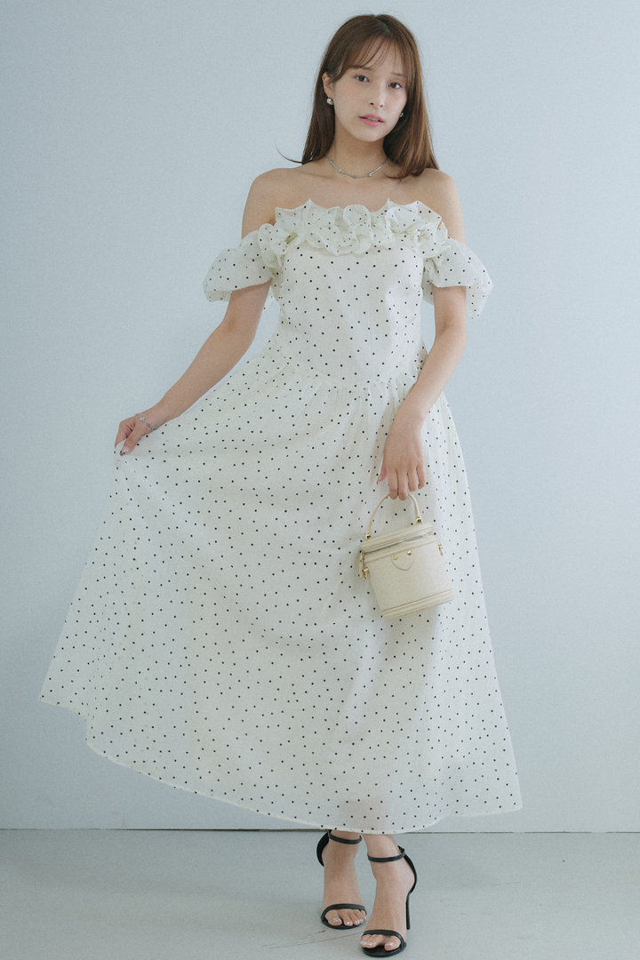 オフショルフリルドットロングワンピース