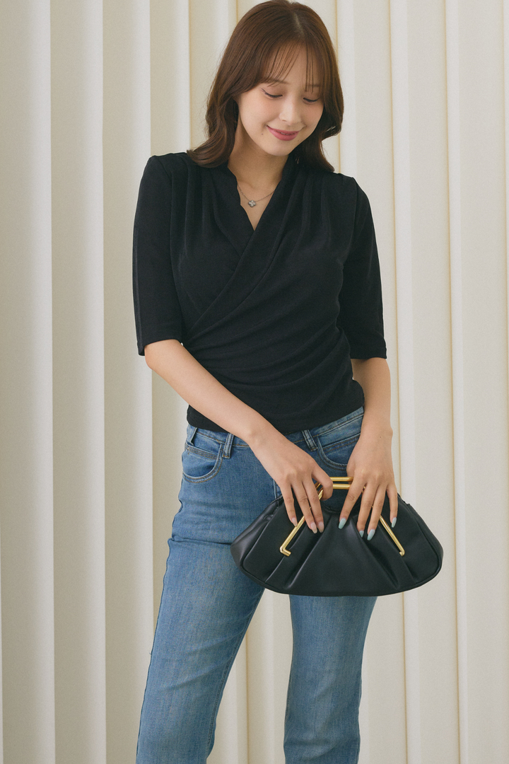 [SET]カシュクールギャザーVネックトップス+美脚ストレッチデニム（ベルト付き）(2set)