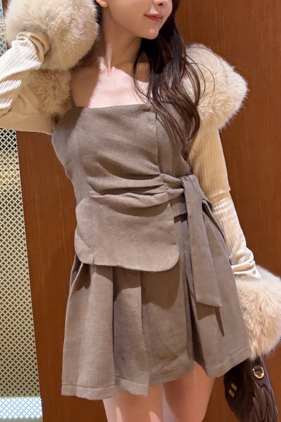 ニット付きリボンプリーツワンピース