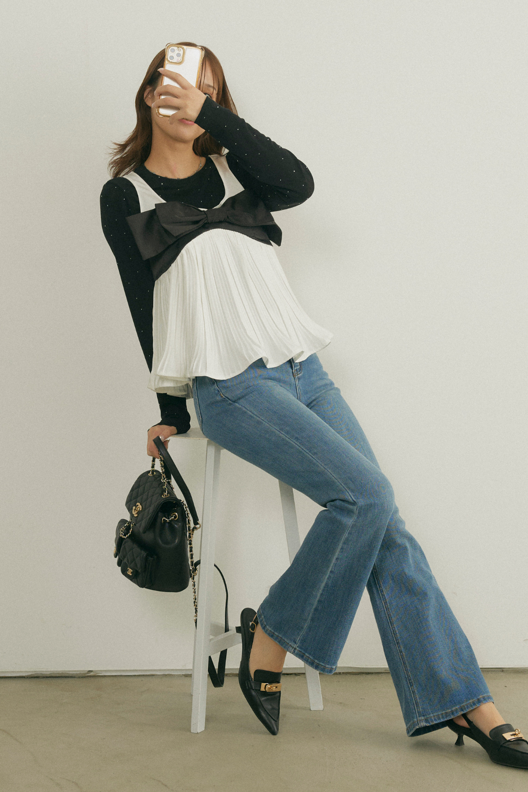 バイカラーリボンプリーツトップス