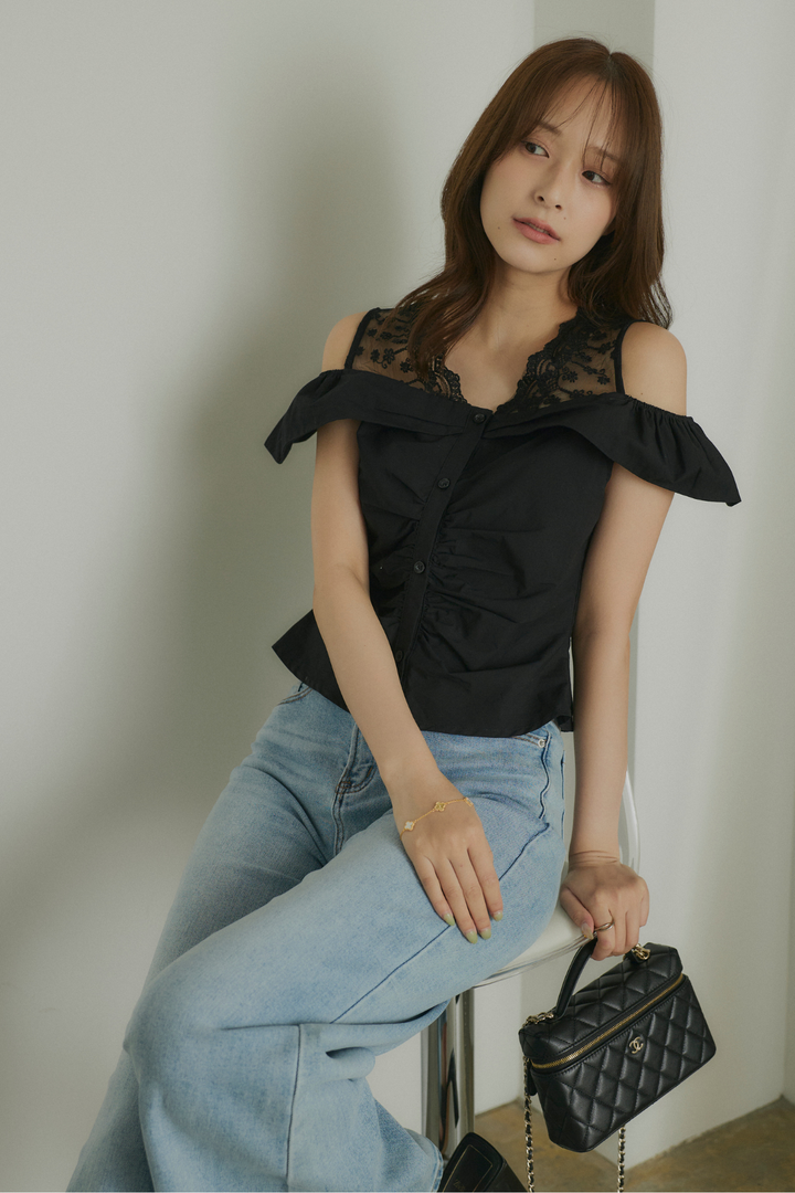 シアーレースドッキングオフショルトップス