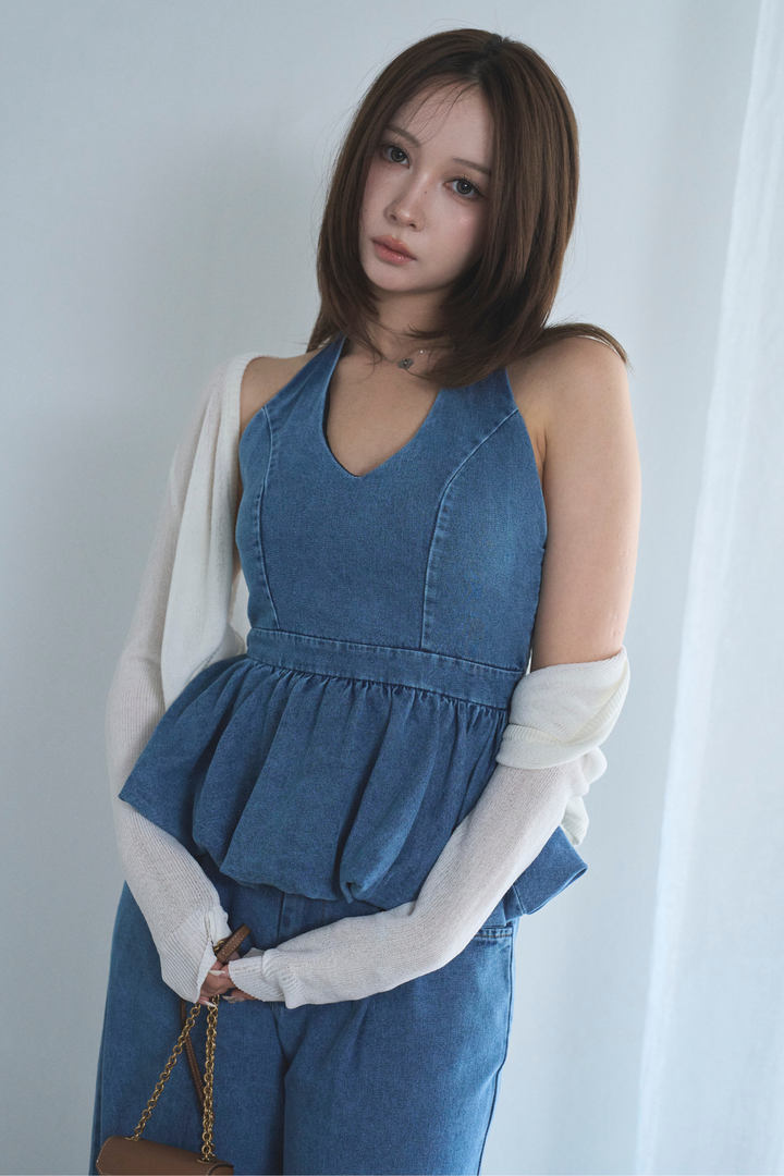 デニムペプラムホルターネックトップス ×デニムワイドパンツ