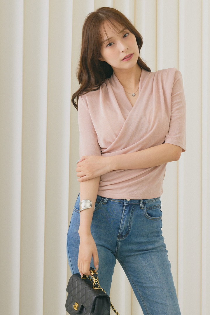 [SET]カシュクールギャザーVネックトップス+美脚ストレッチデニム（ベルト付き）(2set)