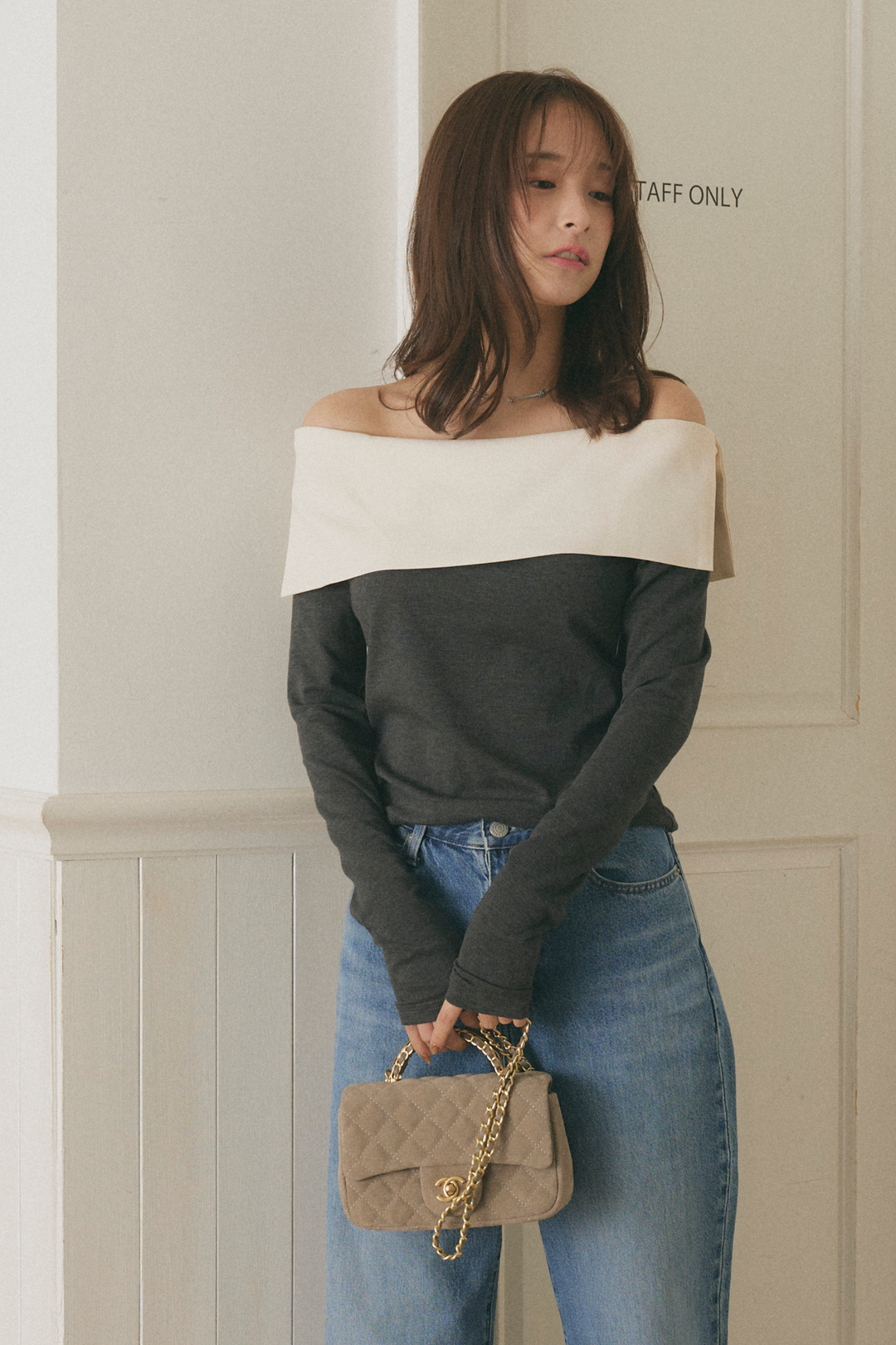 バイカラーオフショルクラシックトップス – maison-nua_shop