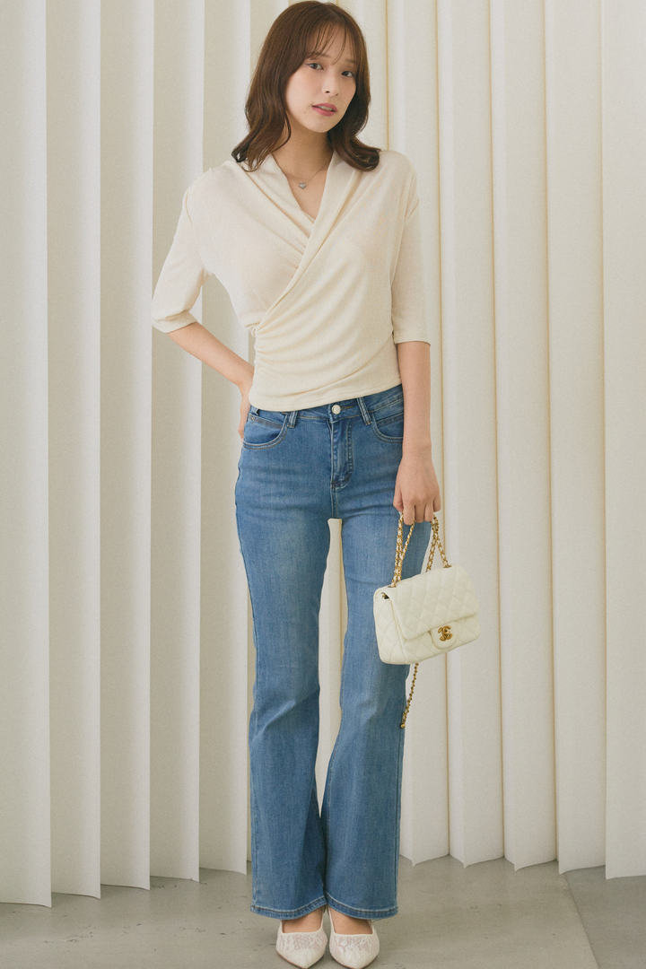 [SET]カシュクールギャザーVネックトップス+美脚ストレッチデニム（ベルト付き）(2set)