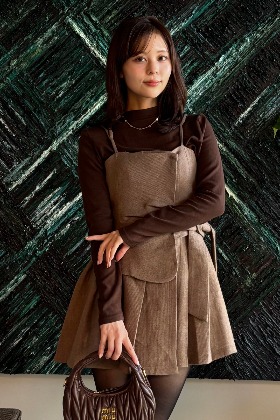 ニット付きリボンプリーツワンピース