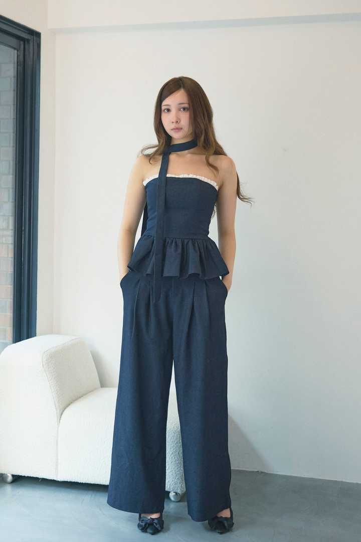 チョーカー付きフリルペプラム&パンツセット