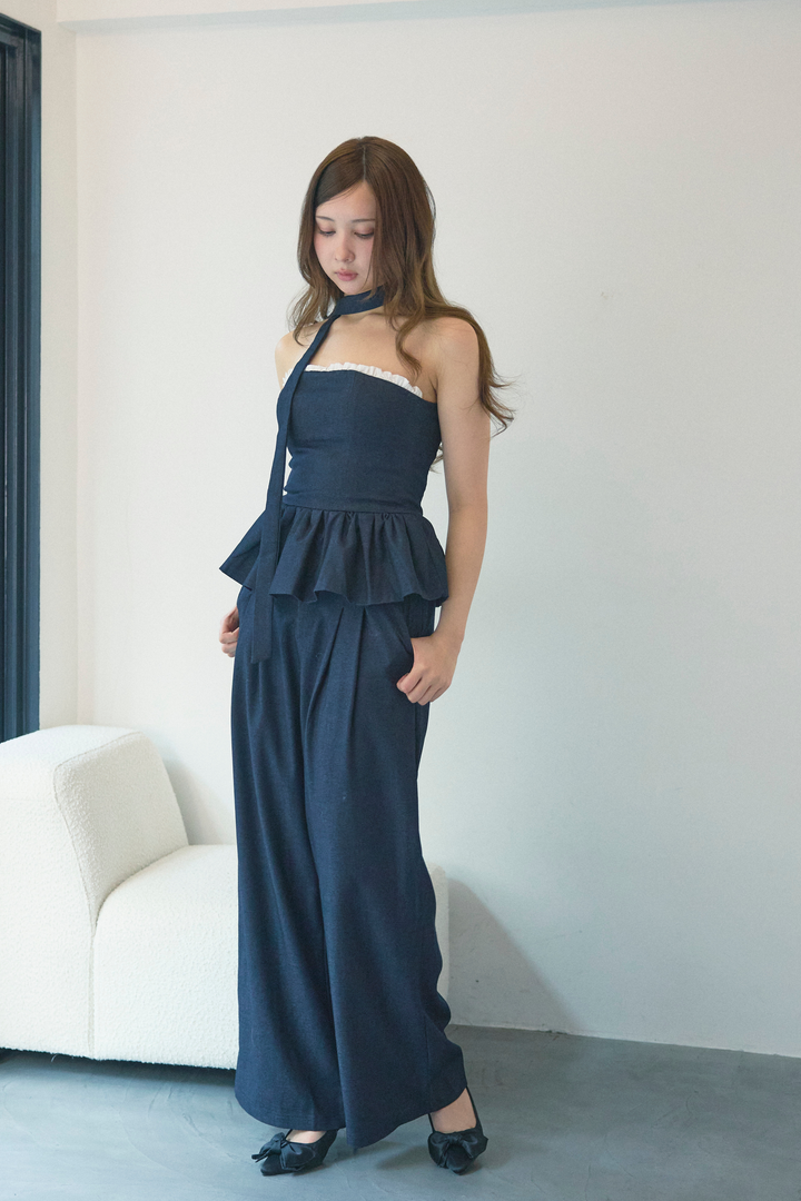 チョーカー付きフリルペプラム&パンツセット