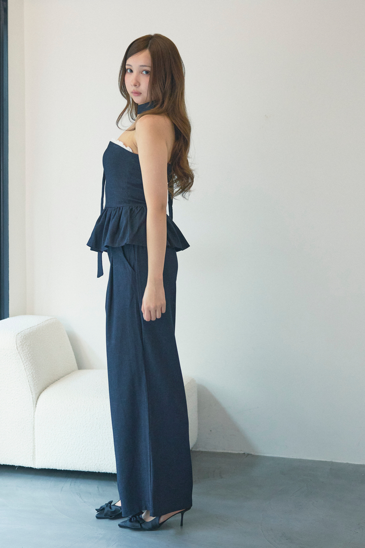 チョーカー付きフリルペプラム&パンツセット