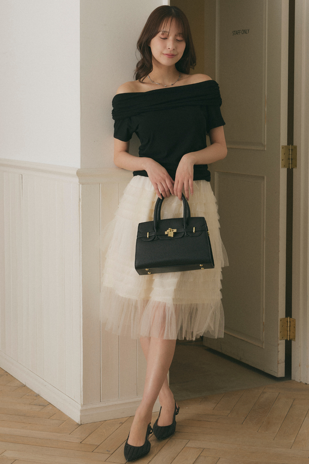 Chân váy midi voan bèo nhún