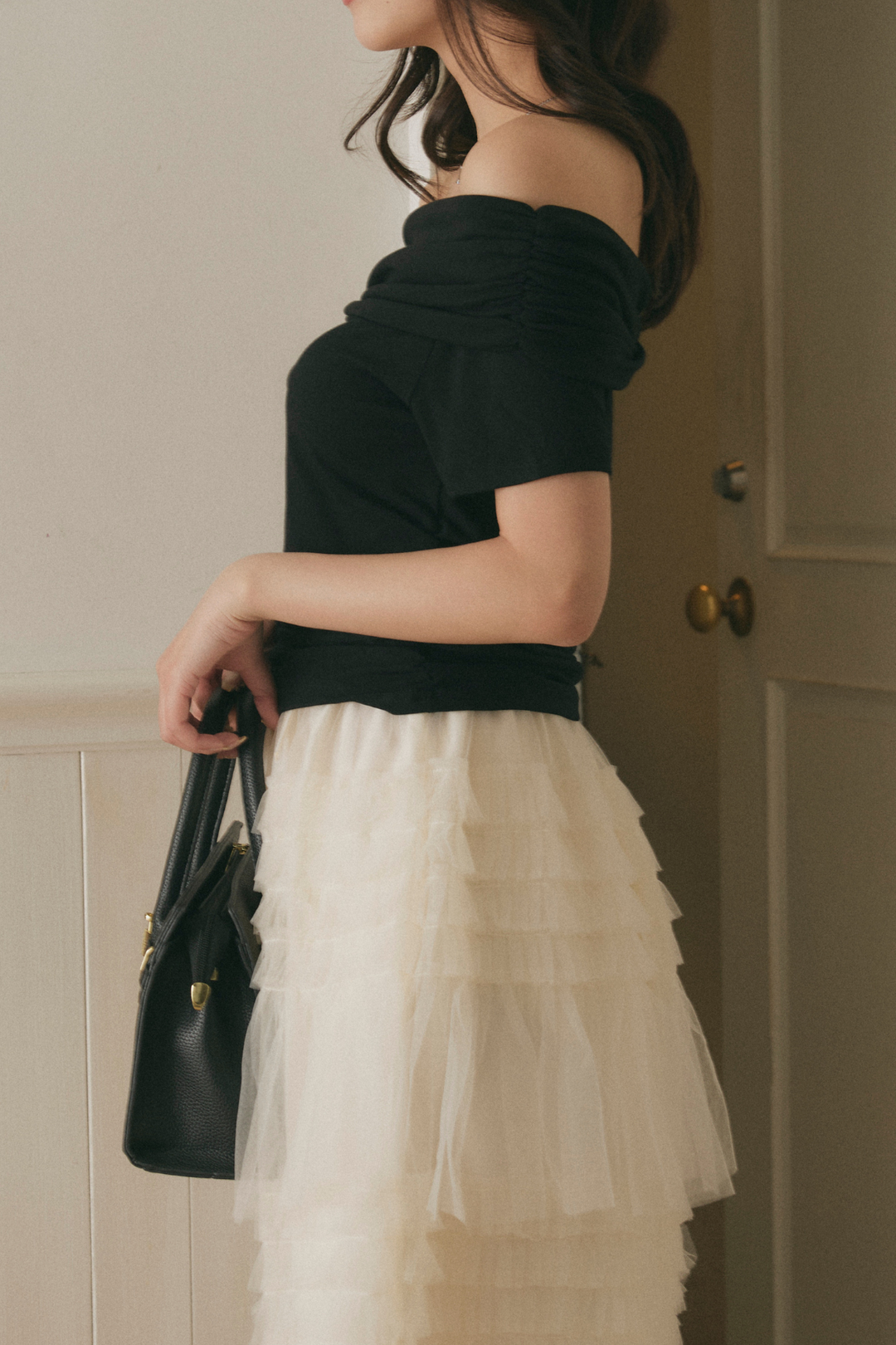 Chân váy midi voan bèo nhún