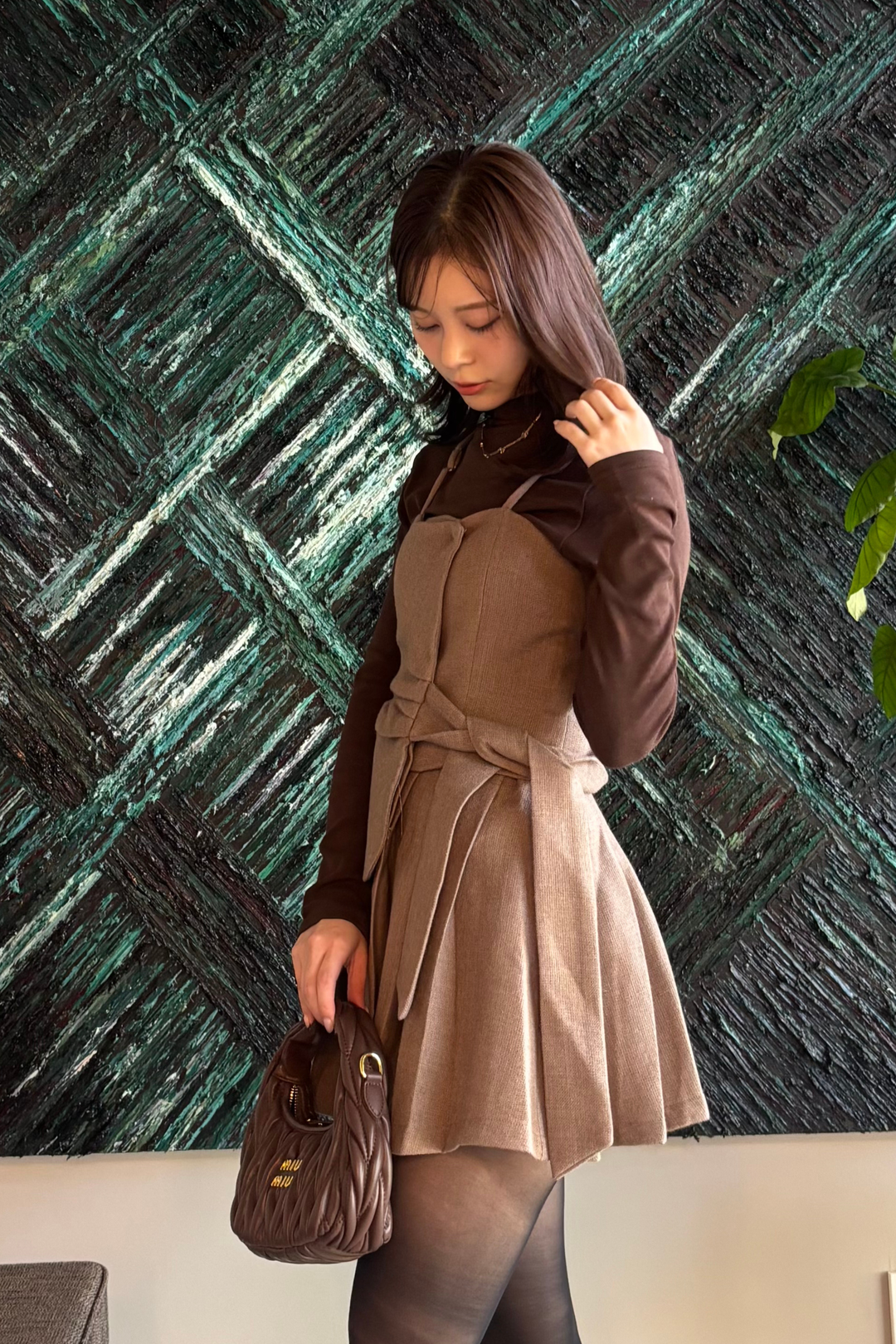 ニット付きリボンプリーツワンピース