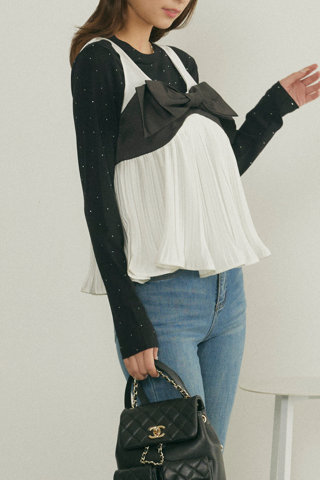 バイカラーリボンプリーツトップス