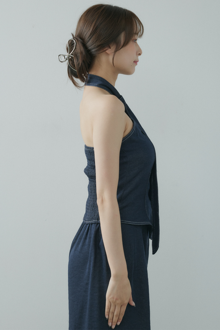 タイ付デニムベアトップ×タックデニムワイドパンツ