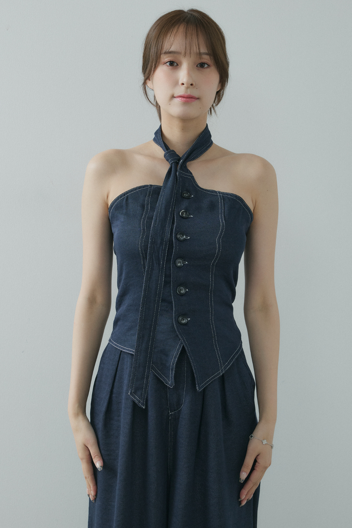 タイ付デニムベアトップ×タックデニムワイドパンツ