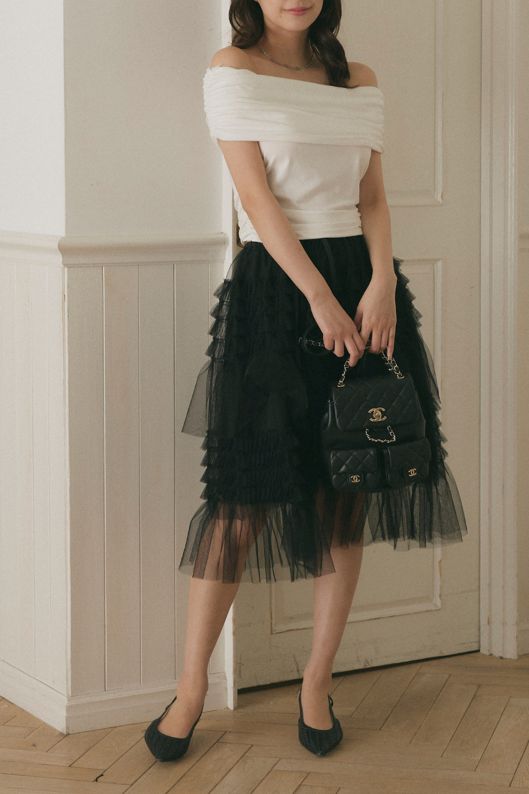 Chân váy midi voan bèo nhún