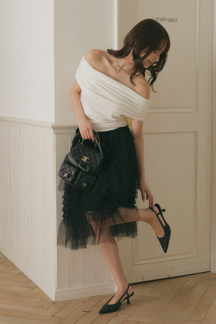 Chân váy midi voan bèo nhún