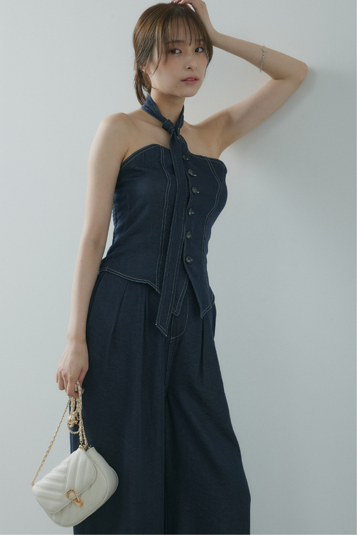 タイ付デニムベアトップ×タックデニムワイドパンツ