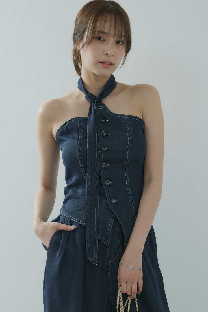 タイ付デニムベアトップ×タックデニムワイドパンツ